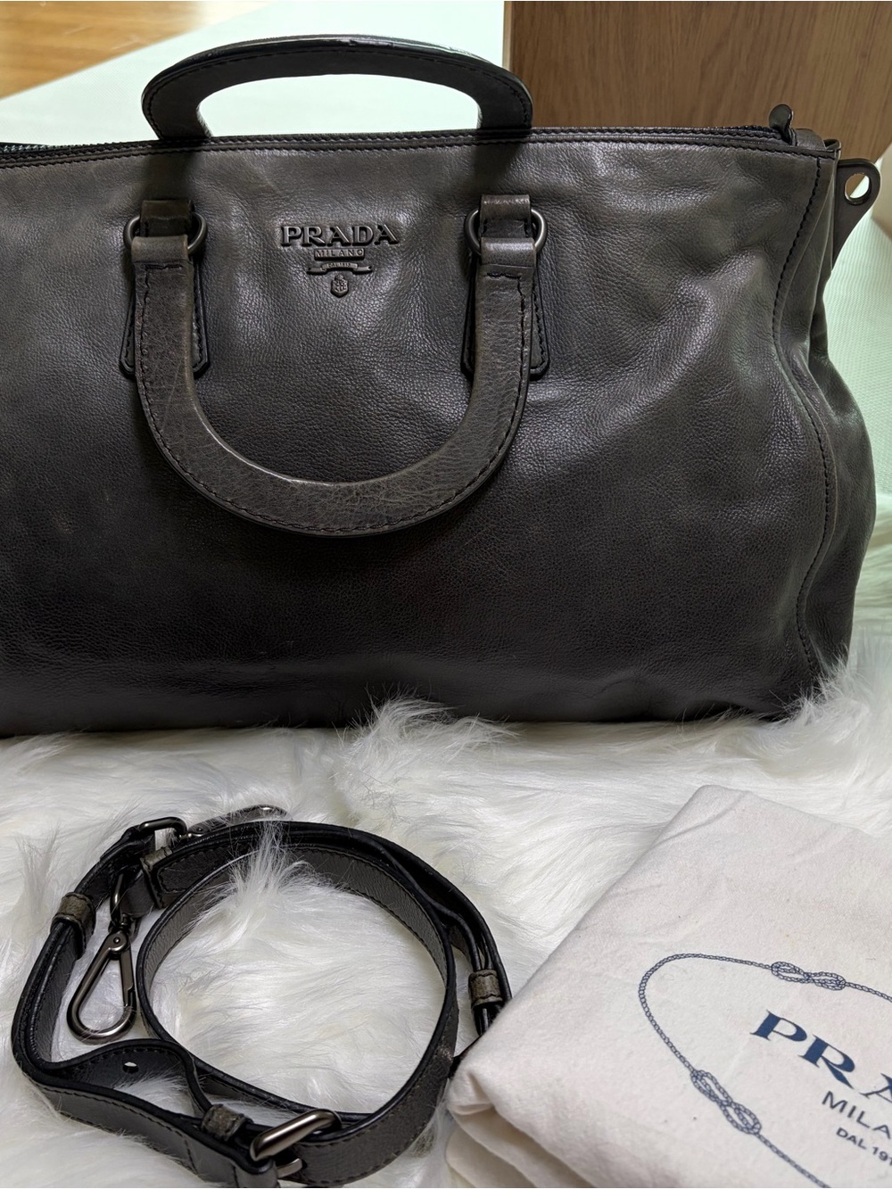Authentic PRADA Vintage Gray Leather 2-Way Bag - Picture 13 of 13
